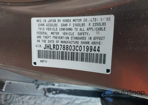 2003 Honda Cr-V Ex z USA, uszkodzony, nr VIN JHLRD78803C019944